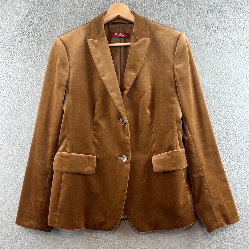 Max Mara Studio Brown Velvet Blazer Jacket Two Button Tailored Notched Lapel S